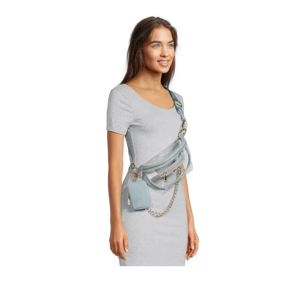 Madden NYC  Crossbody Convertible Fanny Pack Bag NWT Clear With Light Blue Denim